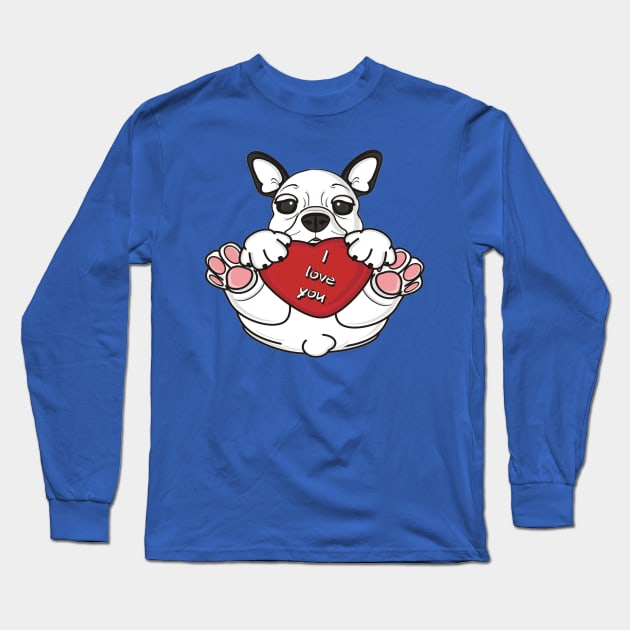 Little Puppy of french bulldog hold in paws a red heart with inscription i love you Long Sleeve T-Shirt by amramna